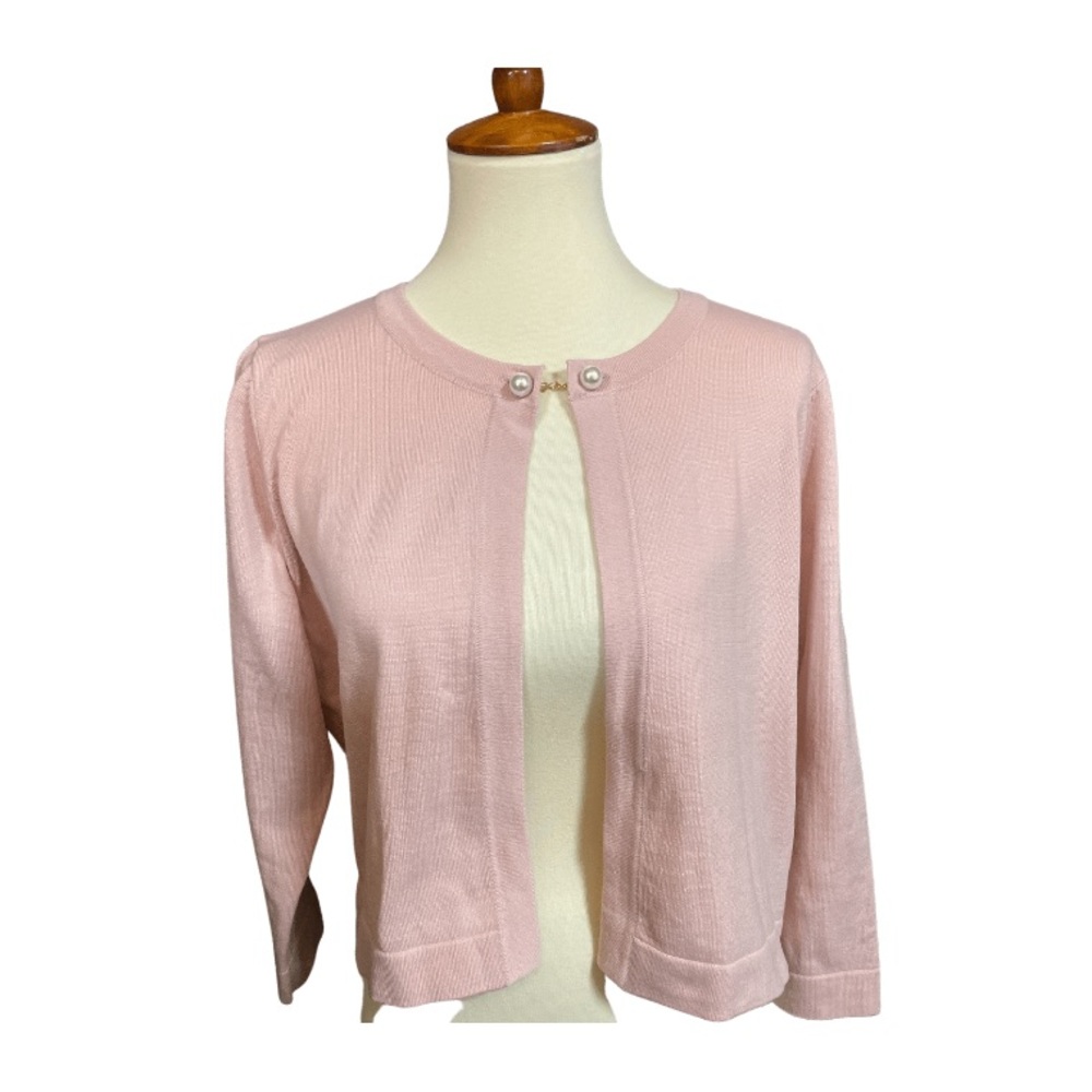 Pink Nina Leonard Cardigan Pearl Button Clasp Sweater • Sz Large Shrug NWT New!